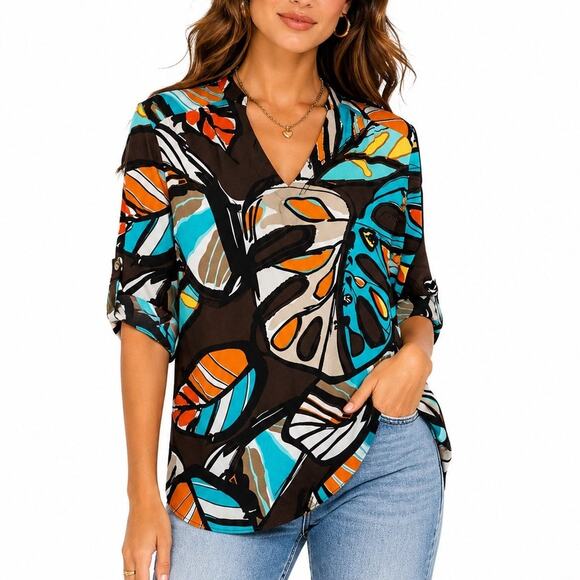 Milano Tops - M Milano Brown Abstract Boho Half 3/4th Sleeve V Neck Work Career Blouse Top